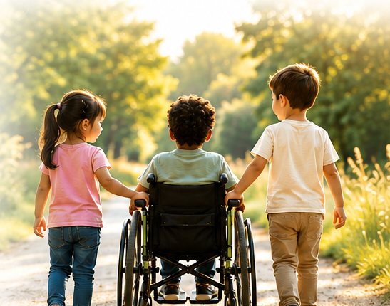 Children walking together outdoors, including a child using a wheelchair